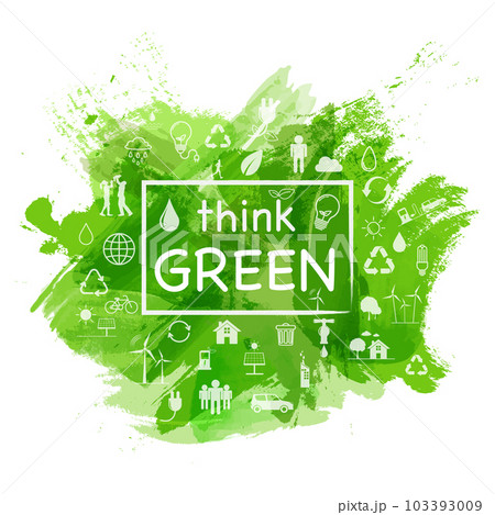 Think green logo with icons and green watercolor paint background, Vector illustration 103393009