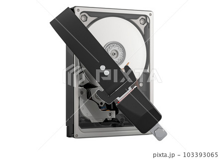 Hard Disk Drive HDD with safety belt. Security and protection concept, 3D rendering Hard Disk Drive HDD with safety belt. Security and protection concept, 3D rendering 103393065