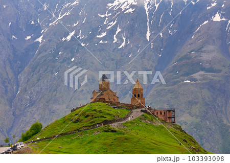 Gergeti Trinity Church near the Stepantsminda village in Georgia ,At an altitude of 2170 meters, under Mount Kazbek or Kazbegi, 103393098