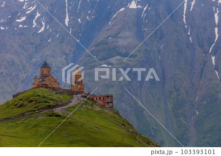 Gergeti Trinity Church near the Stepantsminda village in Georgia ,At an altitude of 2170 meters, under Mount Kazbek or Kazbegi, 103393101