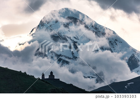Gergeti Trinity Church near the Stepantsminda village in Georgia ,At an altitude of 2170 meters, under Mount Kazbek or Kazbegi, 103393103