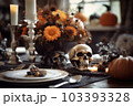 Halloween table setting with pumpkins and skulls Halloween table setting with pumpkins and skulls 103393328