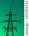 High voltage electric tower silhouette on bright green  background. 103393721