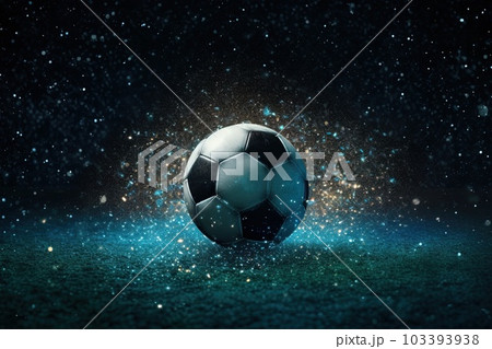 Soccer ball with a surface that shimmers like a field of stars, leaving a trail of stardust as it moves across the pitch, illustration generative ai 103393938