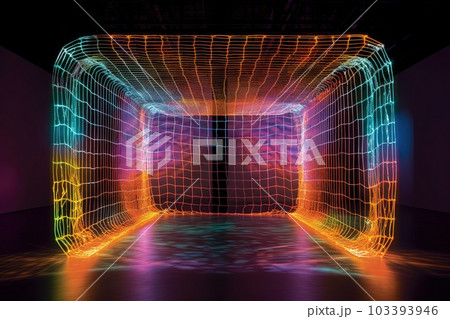 Soccer goal with dynamic holographic nets that adapt to the velocity and trajectory of the ball, creating an intricate dance of light and movement with every goal scored illustration generative ai 103393946