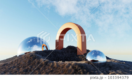 3d render Surreal shaggy surface Grassland mountain landscape background in minimal concept, abstract fantastic dune, panoramic, futuristic beauty meadow. copy space, blue sky and cloudy 103394379