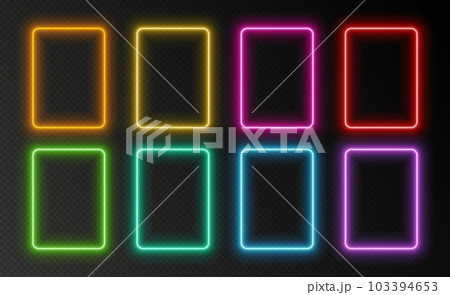 Neon rectangular frames, glowing borders set, colorful futuristic UI design elements. 103394653