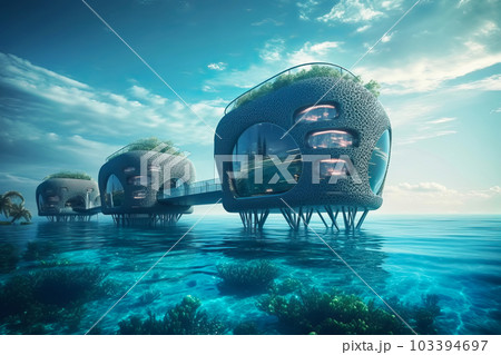 Biophilic floating city in ocean. Sustainable future and healthy planet. Architecture of future. Generative AI illustration Biophilic floating city in ocean. Sustainable future and healthy planet. Architecture of future. Generative AI illustration 103394697