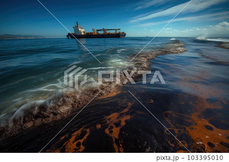 Pollution of the sea by oil spilling from a damaged tanker, generative AI. Pollution of the sea by oil spilling from a damaged tanker, generative AI. 103395010