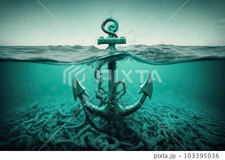 Anchor on the bottom of the ocean underwater, - Stock