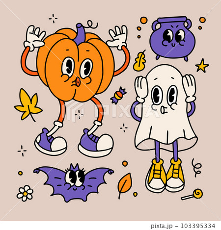 Groovy Retro Cartoon Halloween characters set. Old trippy creepy figures of ghost, pumpkin, cauldron, bat. 70s linear hand drawn vector illustration. Vintage colorful mascots doing boo. 103395334