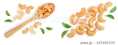 Roasted Cashew nuts in wooden spoon isolated on white background with full depth of field. Top view. Flat lay 103395335