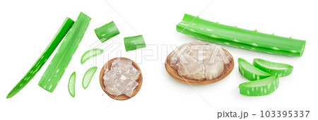 Aloe vera sliced in wooden bowl isolated on white background with full depth of field. Top view. Flat lay. Aloe vera sliced in wooden bowl isolated on white background with full depth of field. Top view. Flat lay. 103395337