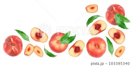 Ripe chinese flat peach fruit and half with leaf isolated on white background with copy space for your text. Top view. Flat lay 103395340