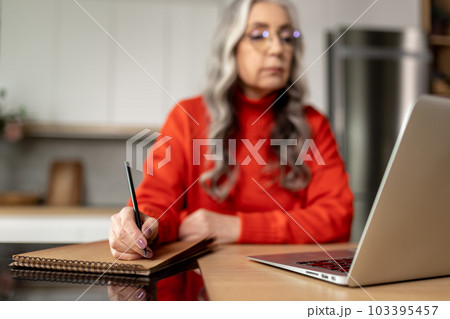 Long-haired woman in red at home working at the laptop 103395457