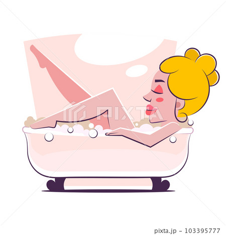 Woman takes bath. Young girl in bathroom relaxes in hot water with foam. Cosmetic SPA procedures, beauty and hygiene. Routine and daily activities, happy person. Cartoon flat illustration 103395777