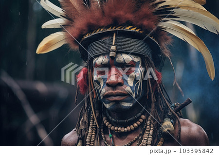 Portrait of indigenous tribe man. Native american people. Generative AI Portrait of indigenous tribe man. Native american people. Generative AI 103395842