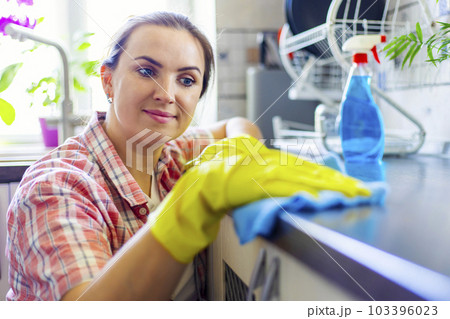 Housewife in yellow gloves wipes dust using spray detergent and rag Housewife in yellow gloves wipes dust using spray detergent and rag 103396023