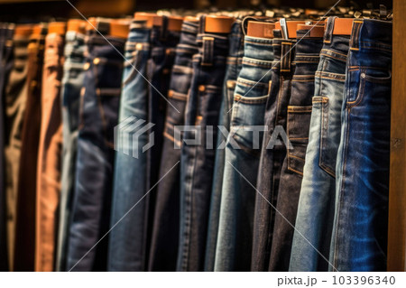 Row of denim jeans hanging in closet. Jeans store in a shopping center. Denim sales. Generative AI 103396340