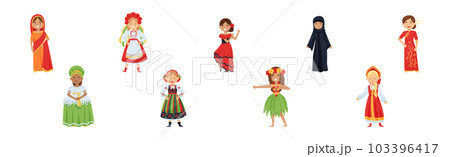 Girl Character Wearing Traditional Ethnic Clothing of Various Countries Vector Set 103396417
