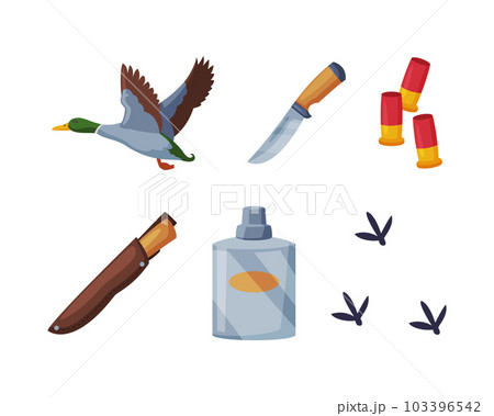 Hunting with Mallard Duck, Knife, Bullet, Flask and Trace Vector Set Hunting with Mallard Duck, Knife, Bullet, Flask and Trace Vector Set 103396542