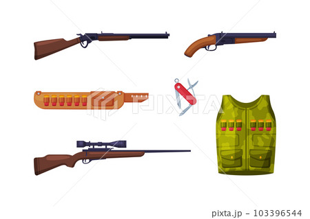 Hunting with Rifle, Gun, Vest with Bullet and Penknife Vector Set 103396544