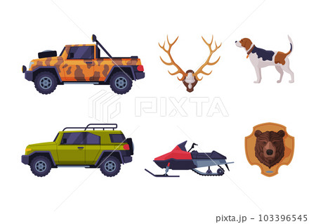 Hunting with Off Road Car, Snowmobile, Antler, Dog and Bear Head Vector Set 103396545