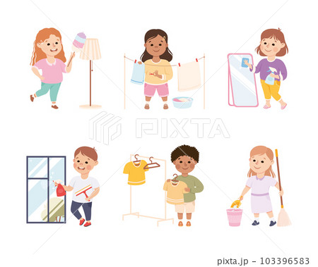 Little Boy and Girl Engaged in Cleanup and Housekeeping Activity Vector Set 103396583