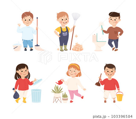 Little Boy and Girl Engaged in Cleanup and Housekeeping Activity Vector Set 103396584