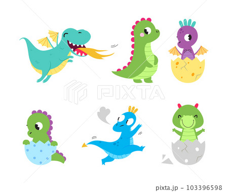 Fire Breathing Baby Dragon with Wings and Tail Vector Set Fire Breathing Baby Dragon with Wings and Tail Vector Set 103396598