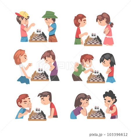 Cute Boy and Girl Character Sitting and Playing Chess Vector Set 103396612