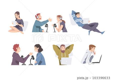 Smiling People Listening and Recording Audio Podcast with Microphone and Headphones Vector Set 103396633