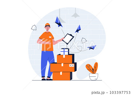 Delivery service web concept with character scene. Man delivering cardboards boxes, sending parcels to client. People situation in flat design. Illustration for social media marketing material. Delivery service web concept with character scene. Man delivering cardboards boxes, sending parcels to client. People situation in flat design. Illustration for social media marketing material. 103397753
