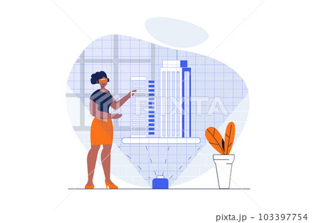 Cyberspace web concept with character scene. Woman in VR creating buildings hologram for architect project. People situation in flat design. Illustration for social media marketing material. Cyberspace web concept with character scene. Woman in VR creating buildings hologram for architect project. People situation in flat design. Illustration for social media marketing material. 103397754