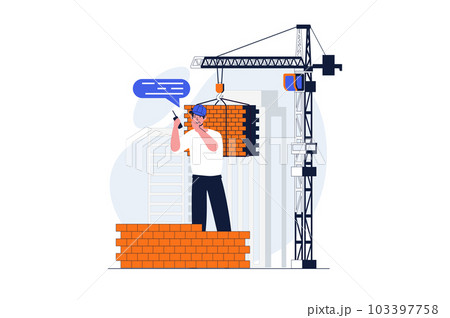 Construction engineer web concept with character scene. Man worker loading bricks with crane at building site. People situation in flat design. Illustration for social media marketing material. 103397758