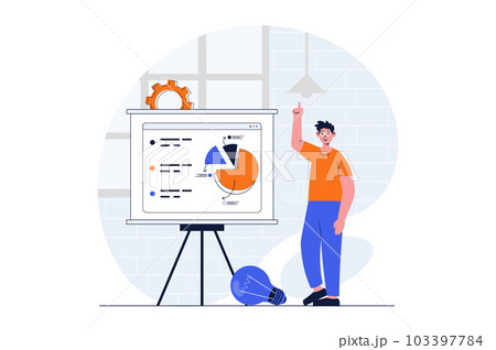 Business startup web concept with character scene. Man creates strategy for project and shows presentation. People situation in flat design. Illustration for social media marketing material. 103397784