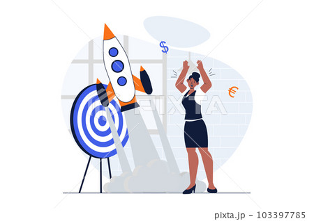 Business startup web concept with character scene. Woman investing money, planning and launches new company. People situation in flat design. Illustration for social media marketing material. 103397785