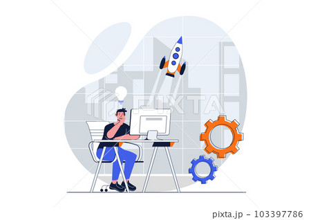 Business startup web concept with character scene. Man generates ideas, planning and launches new project. People situation in flat design. Illustration for social media marketing material. Business startup web concept with character scene. Man generates ideas, planning and launches new project. People situation in flat design. Illustration for social media marketing material. 103397786