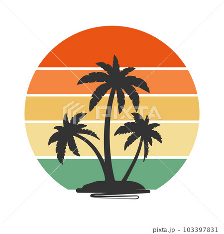 Vintage Sunset with island silhouette with palm trees. Circle in retro boho style. Illustration, sticker, scrapbook icon. Minimal abstract art. Vector 103397831
