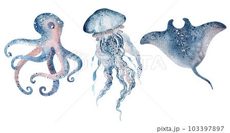 Watercolor illustration underwater marine animals octopus, stingray, jellyfish. Marine inhabitants of the underwater world. illustration, education, postcard, sticker, sublimation. 103397897