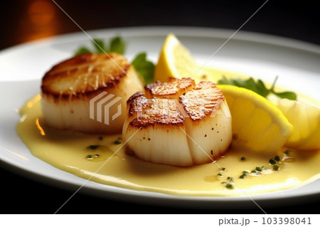 Close up of pan seared diver scallops with lemon beurre blanc, created with Generative AI technology. Close up of pan seared diver scallops with lemon beurre blanc, created with Generative AI technology. 103398041