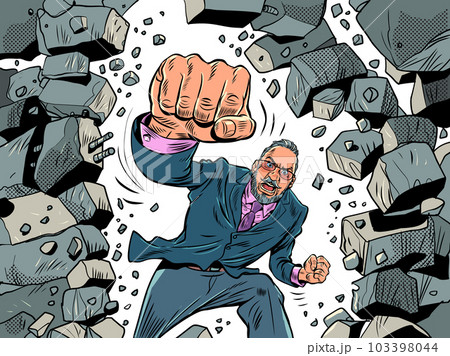 Breaking stereotypes, overcoming obstacles. The emergence of new unexpected discounts. A man in a suit breaks a wall with his fist. Pop Art Retro 103398044