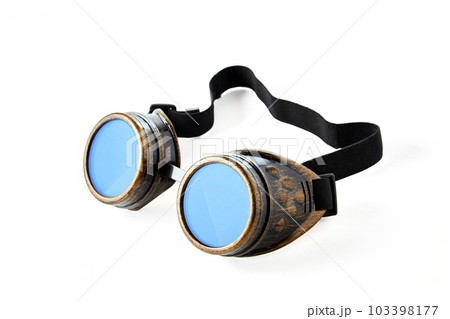 Vintage brass or copper welder's goggles with blue glasses isolated on white background 103398177