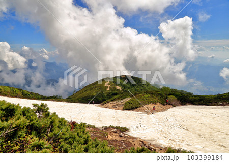 夏の唐松岳の八方尾根にある扇雪渓の風景 ( 2021年7月 長野県 白馬村 ) 夏の唐松岳の八方尾根にある扇雪渓の風景 ( 2021年7月 長野県 白馬村 ) 103399184