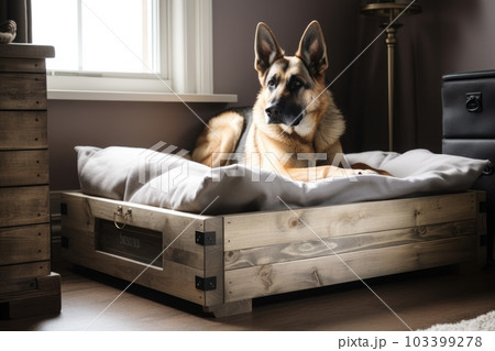 wooden pet bed with plush blanket and metal dog tag, created with generative ai 103399278