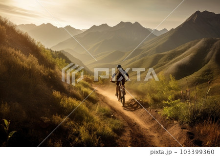 person, riding their mountain bike down winding dirt path, with majestic mountains in the background, created with generative ai 103399360