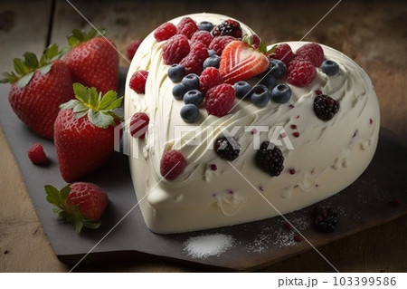 heart-shaped cake with fresh berries and cream cheese frosting, created with generative ai heart-shaped cake with fresh berries and cream cheese frosting, created with generative ai 103399586
