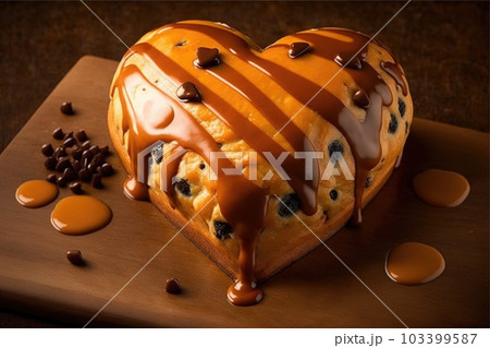 heart-shaped loaf with salted caramel drizzle and chocolate chips, created with generative ai heart-shaped loaf with salted caramel drizzle and chocolate chips, created with generative ai 103399587