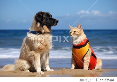 dog and cat lifeguards protecting their flock from the dangers of the deep blue sea, created with generative ai dog and cat lifeguards protecting their flock from the dangers of the deep blue sea, created with generative ai 103399588