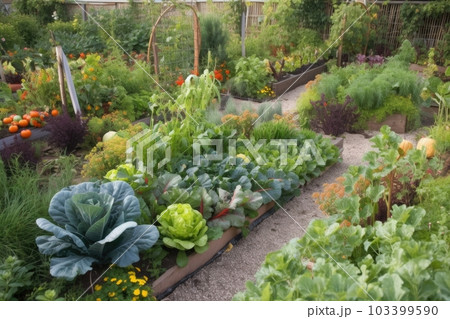 edible landscape with a variety of crops, including fruits, vegetables, and herbs, created with generative ai edible landscape with a variety of crops, including fruits, vegetables, and herbs, created with generative ai 103399590